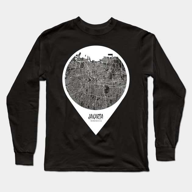 Jakarta, Indonesia City Map - Travel Pin Long Sleeve T-Shirt by deMAP Studio